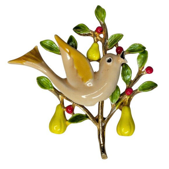 Vintage ART Arthur Pepper Enamel Partridge in Pear Tree Designer Brooch Holiday - Picture 1 of 8